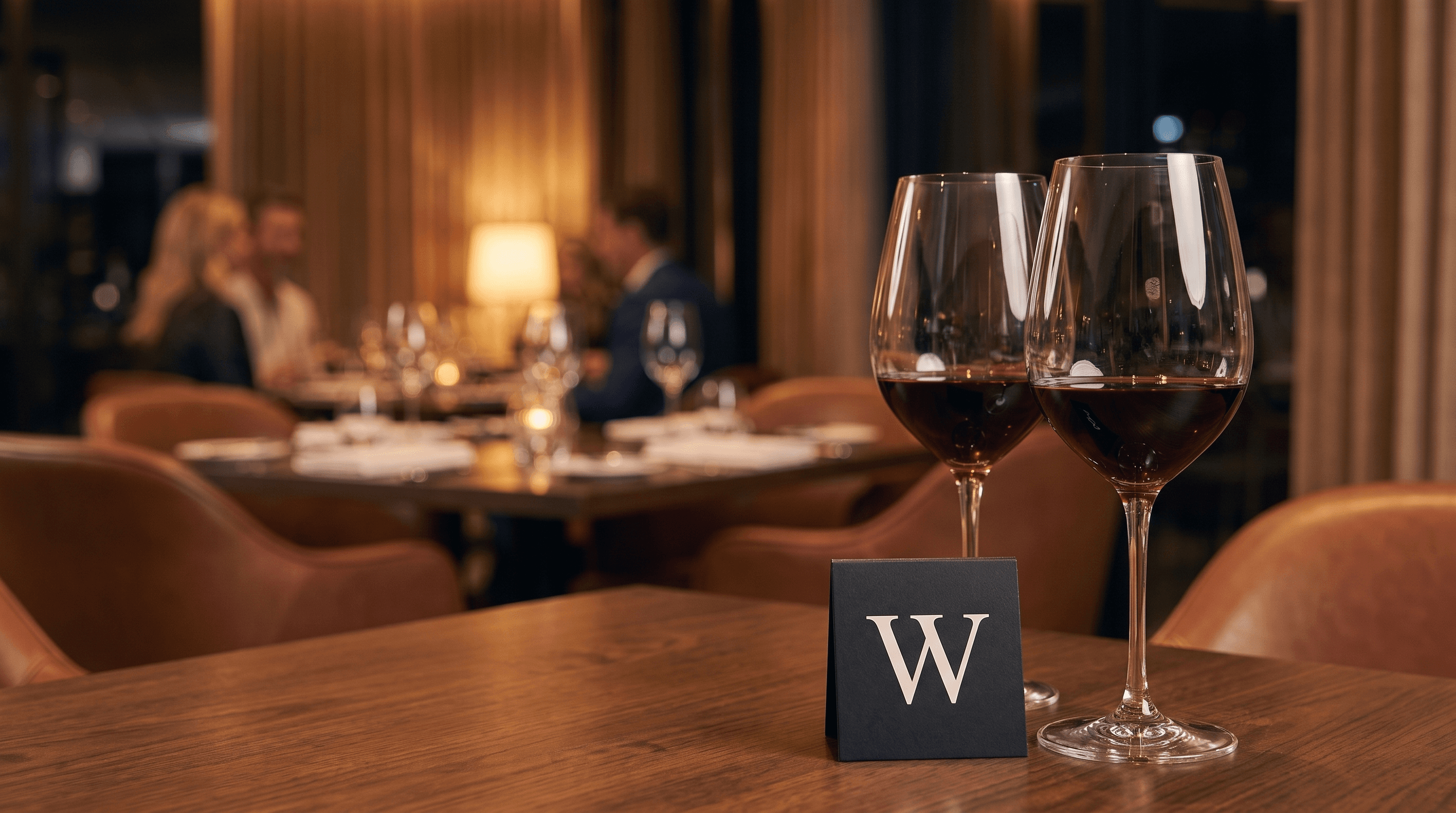Deux verres de vin rouge sur une table en bois dans un restaurant à l'éclairage chaleureux, avec des convives en arrière-plan